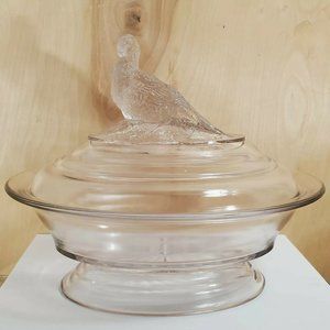 Pheasant and Ivy Lid Oval Dish 9.75"L clear with pink cast